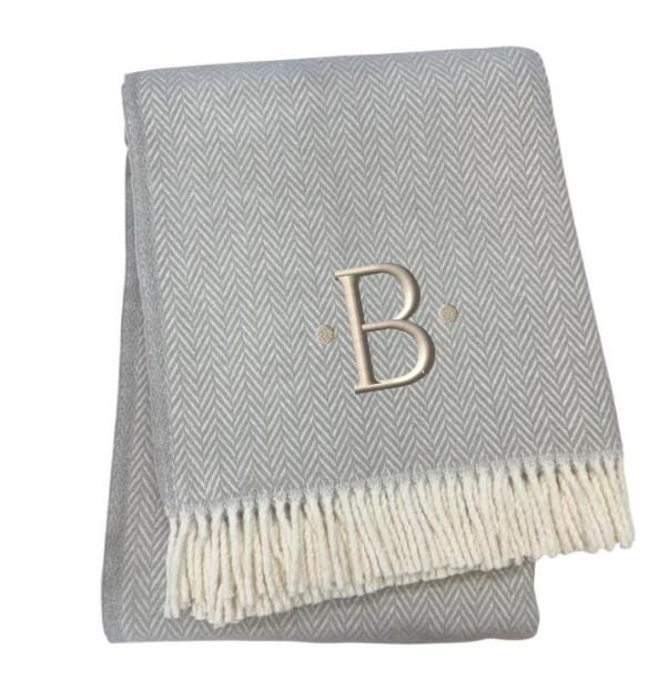 55" X 70" Gray And White Herringbone Cotton Blend B Initial Throw Blanket with Tassels And Embroidery-2