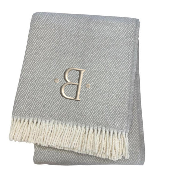 55" X 70" Gray And White Herringbone Cotton Blend B Initial Throw Blanket with Tassels And Embroidery-3