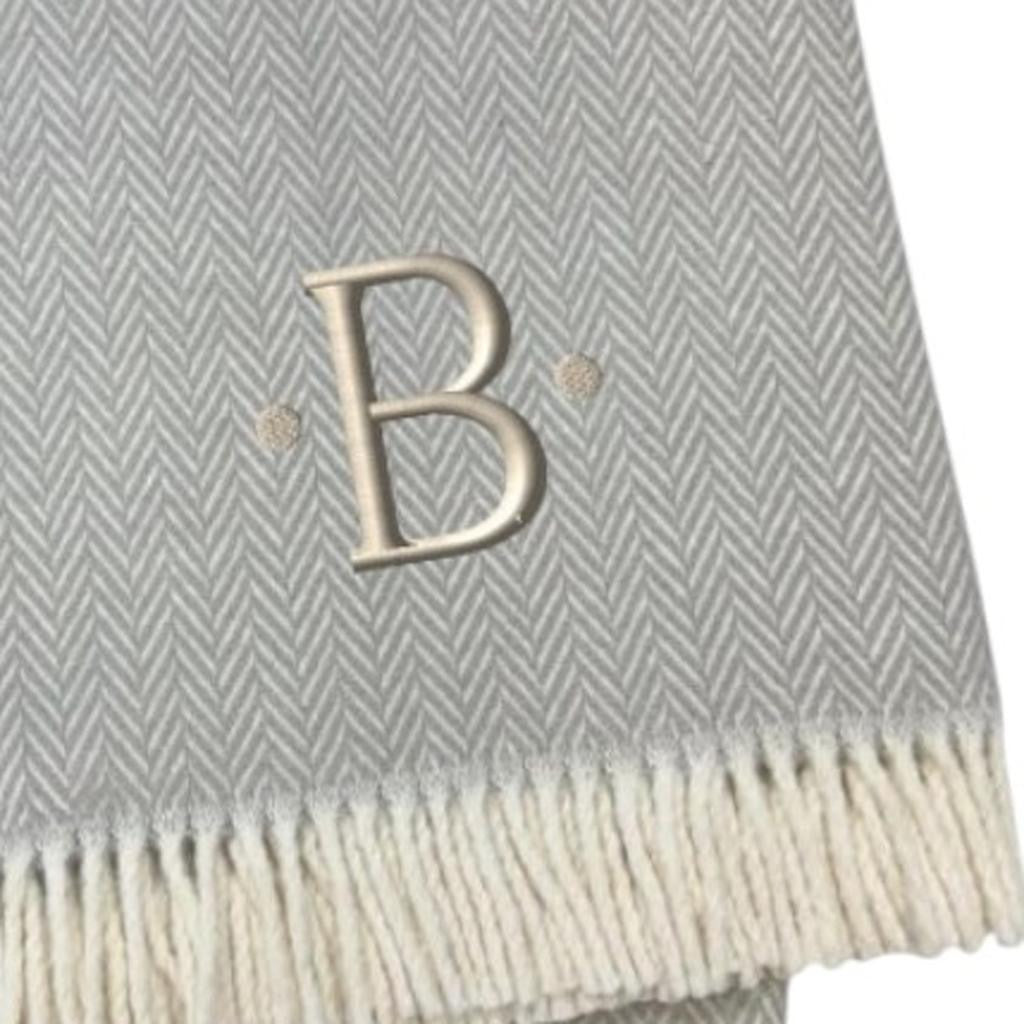 55" X 70" Gray And White Herringbone Cotton Blend B Initial Throw Blanket with Tassels And Embroidery-4