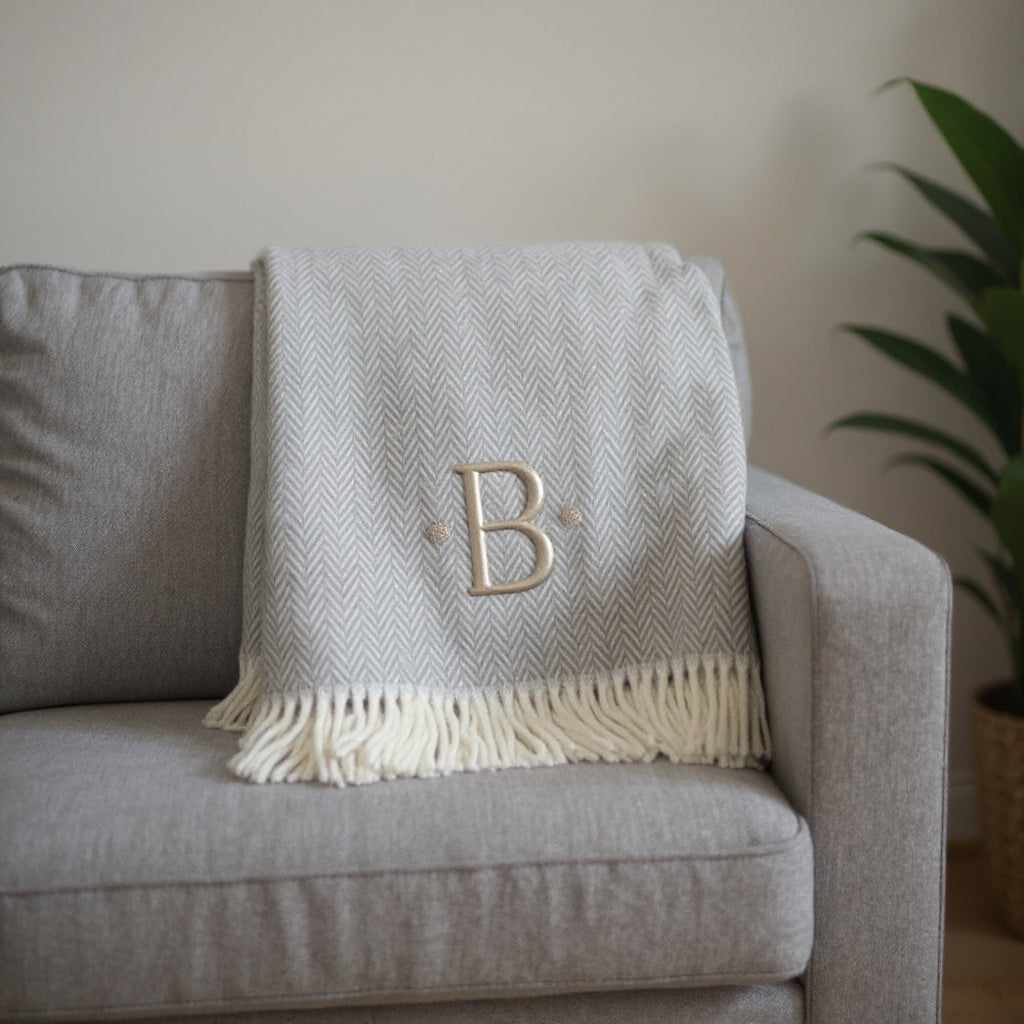 55" X 70" Gray And White Herringbone Cotton Blend B Initial Throw Blanket with Tassels And Embroidery-1