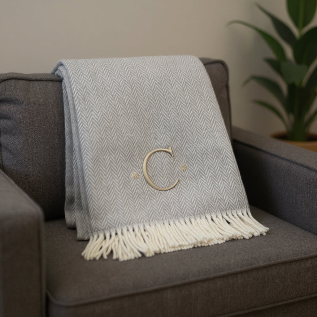 55" X 70" Gray And White Herringbone Cotton Blend C Initial Throw Blanket with Tassels And Embroidery-1