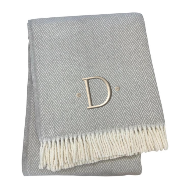 55" X 70" Gray And White Herringbone Cotton Blend D Initial Throw Blanket with Tassels And Embroidery-2