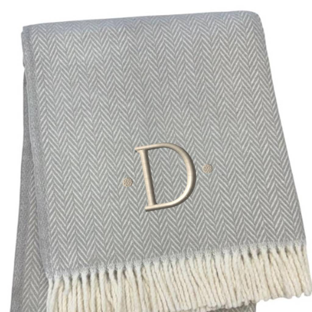 55" X 70" Gray And White Herringbone Cotton Blend D Initial Throw Blanket with Tassels And Embroidery-4