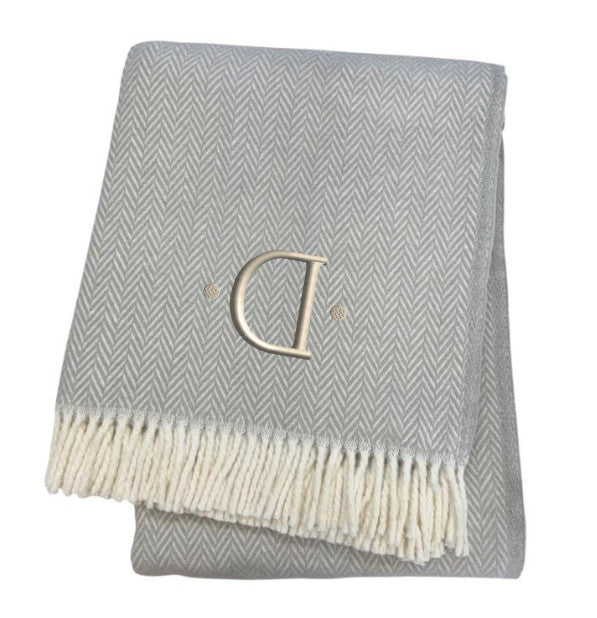 55" X 70" Gray And White Herringbone Cotton Blend D Initial Throw Blanket with Tassels And Embroidery-3