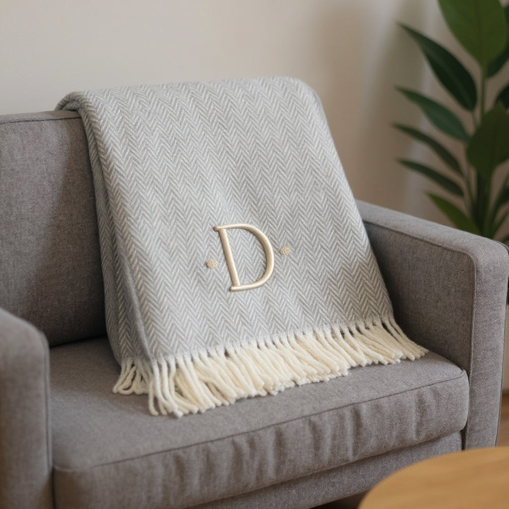 55" X 70" Gray And White Herringbone Cotton Blend D Initial Throw Blanket with Tassels And Embroidery-1