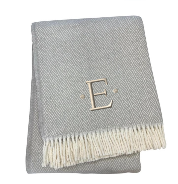 55" X 70" Gray And White Herringbone Cotton Blend E Initial Throw Blanket with Tassels And Embroidery-2