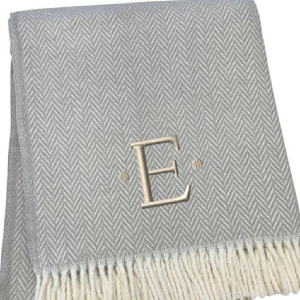 55" X 70" Gray And White Herringbone Cotton Blend E Initial Throw Blanket with Tassels And Embroidery-4
