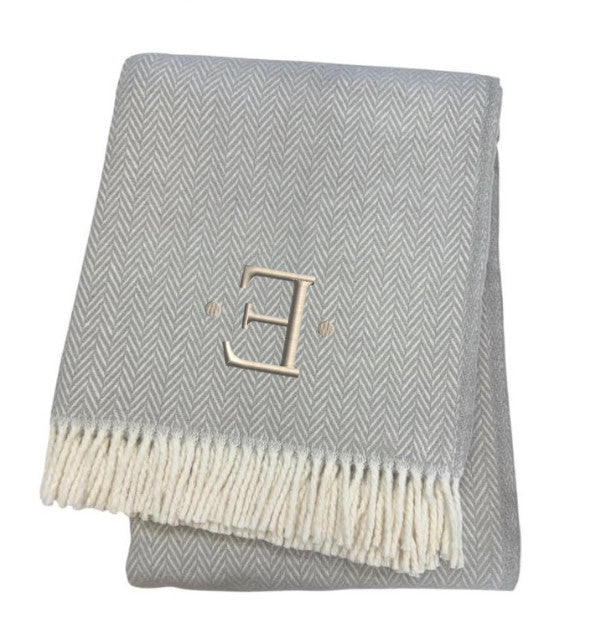 55" X 70" Gray And White Herringbone Cotton Blend E Initial Throw Blanket with Tassels And Embroidery-3