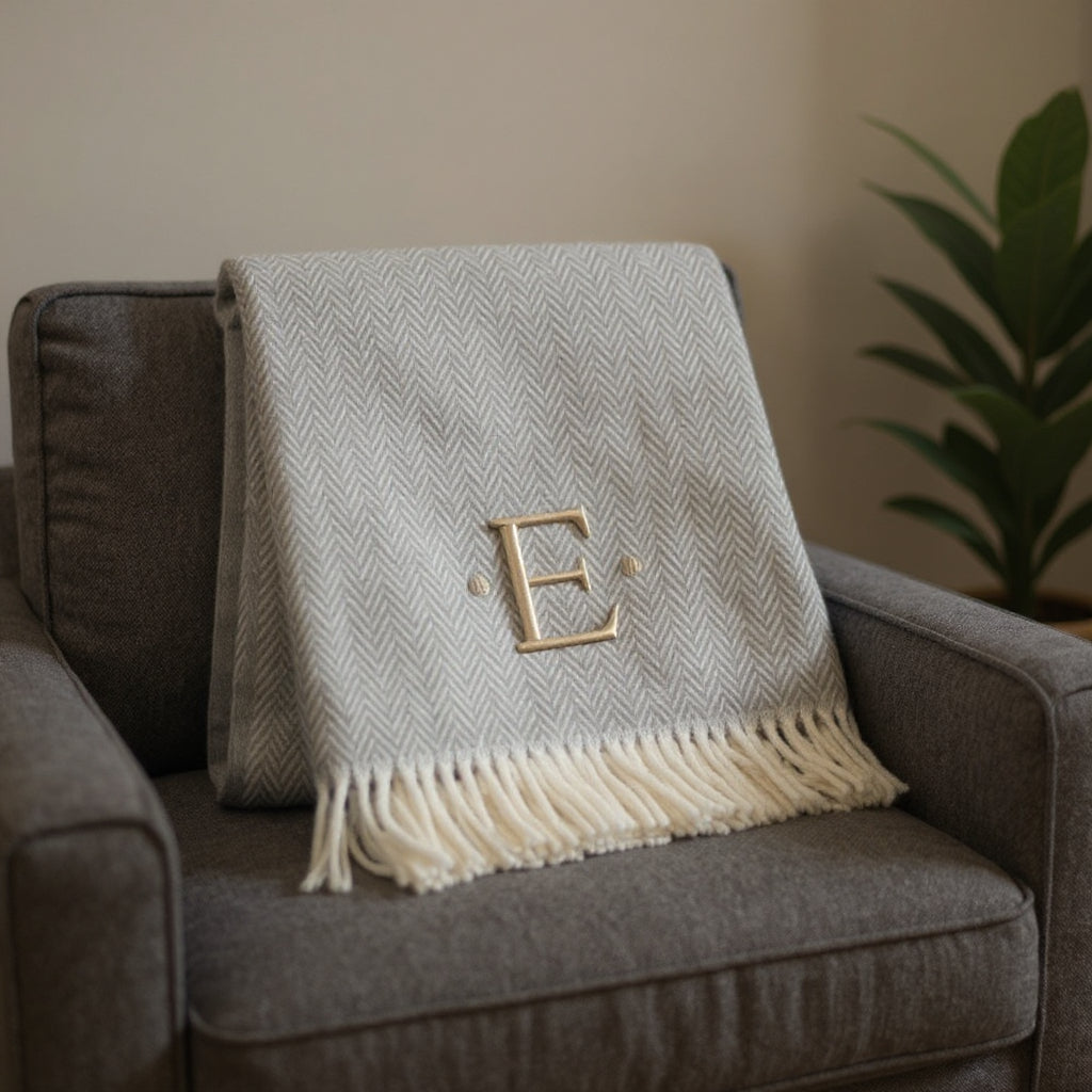 55" X 70" Gray And White Herringbone Cotton Blend E Initial Throw Blanket with Tassels And Embroidery-1