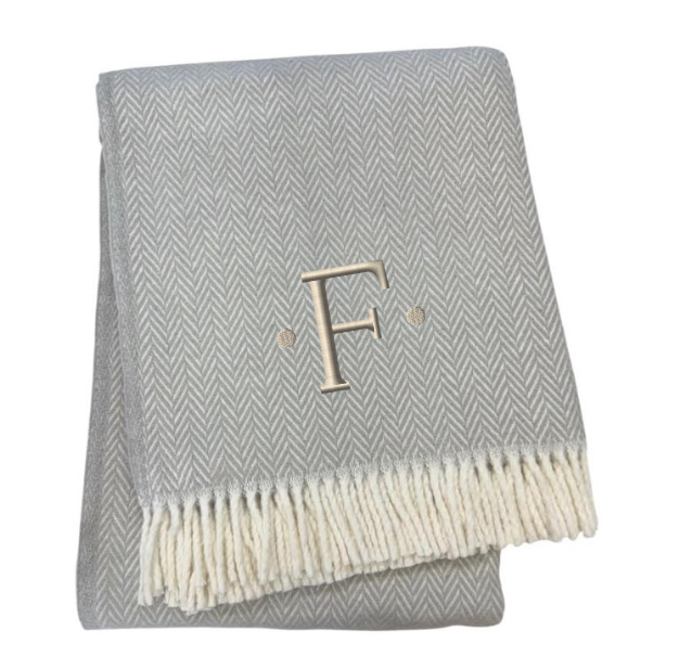 55" X 70" Gray And White Herringbone Cotton Blend F Initial Throw Blanket with Tassels And Embroidery-2