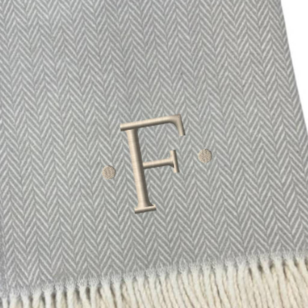 55" X 70" Gray And White Herringbone Cotton Blend F Initial Throw Blanket with Tassels And Embroidery-3