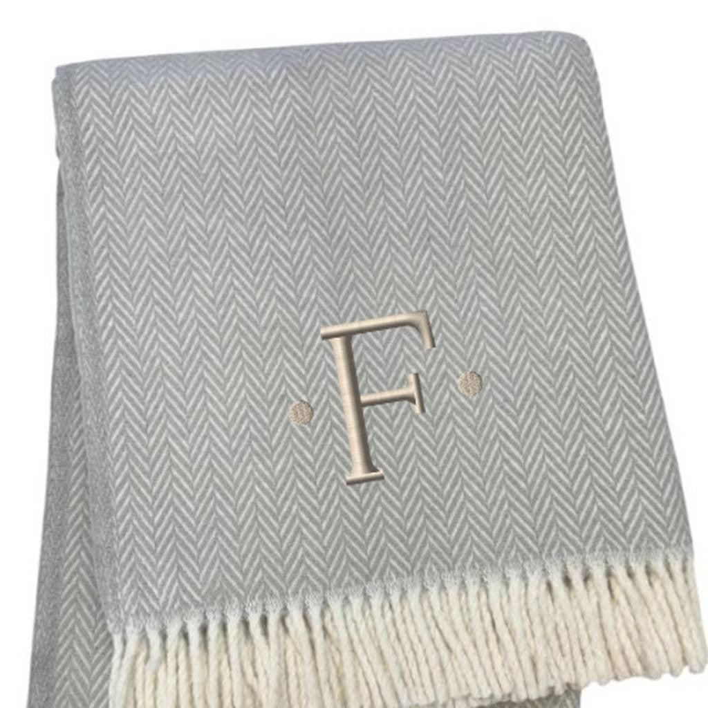 55" X 70" Gray And White Herringbone Cotton Blend F Initial Throw Blanket with Tassels And Embroidery-4