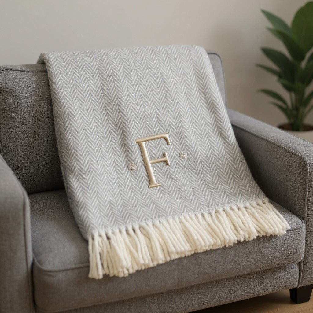55" X 70" Gray And White Herringbone Cotton Blend F Initial Throw Blanket with Tassels And Embroidery-1