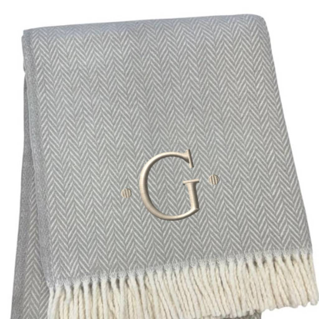 55" X 70" Gray And White Herringbone Cotton Blend G Initial Throw Blanket with Tassels And Embroidery-3