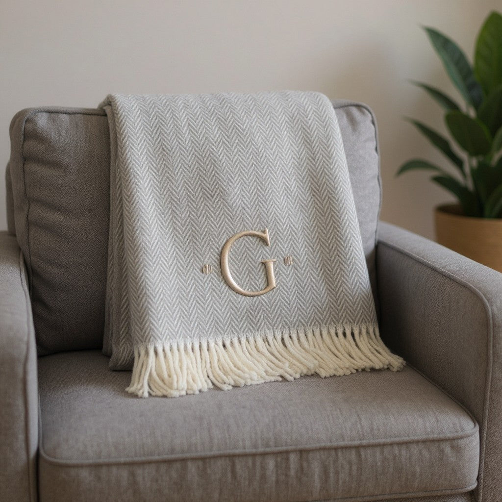 55" X 70" Gray And White Herringbone Cotton Blend G Initial Throw Blanket with Tassels And Embroidery-1