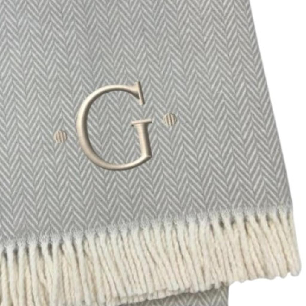 55" X 70" Gray And White Herringbone Cotton Blend G Initial Throw Blanket with Tassels And Embroidery-4