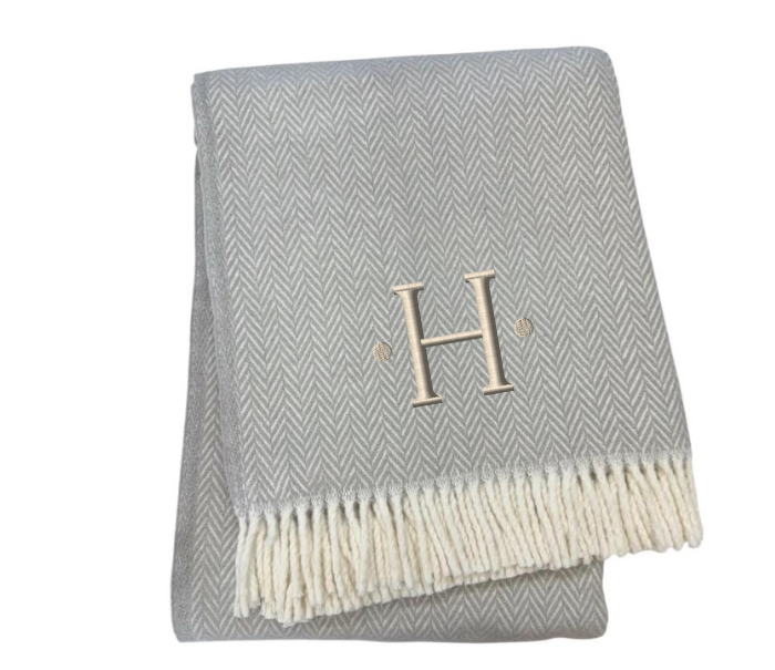 55" X 70" Gray And White Herringbone Cotton Blend H Initial Throw Blanket with Tassels And Embroidery-2