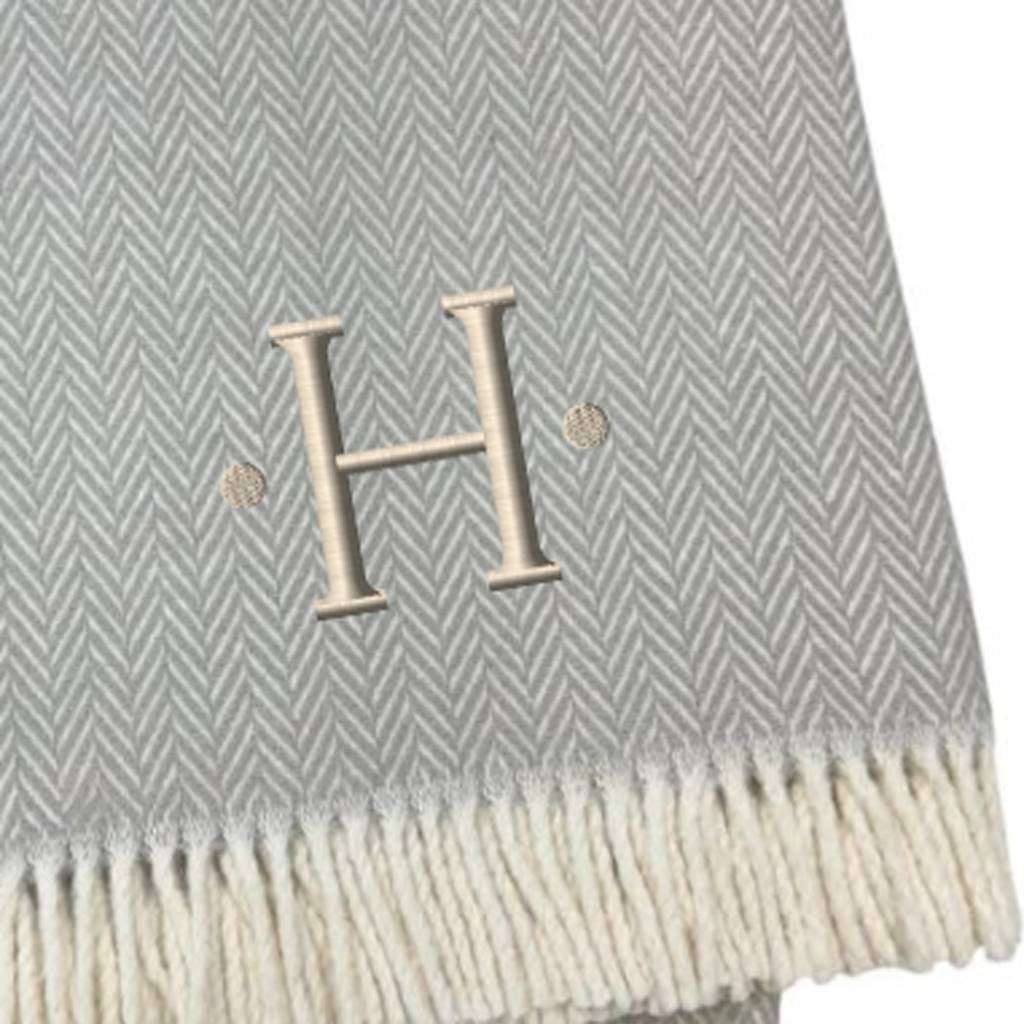 55" X 70" Gray And White Herringbone Cotton Blend H Initial Throw Blanket with Tassels And Embroidery-3