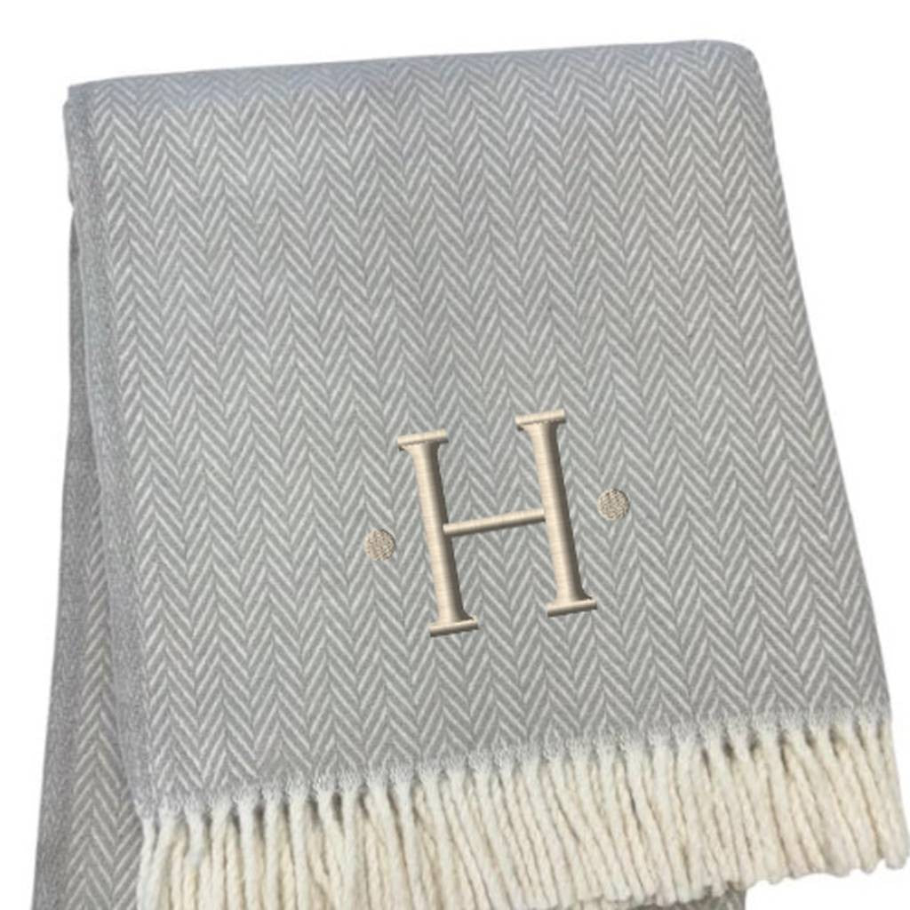 55" X 70" Gray And White Herringbone Cotton Blend H Initial Throw Blanket with Tassels And Embroidery-4