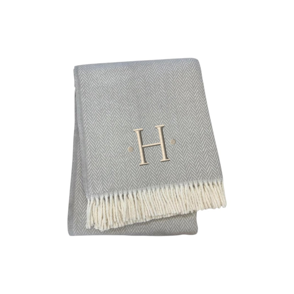 55" X 70" Gray And White Herringbone Cotton Blend H Initial Throw Blanket with Tassels And Embroidery-0