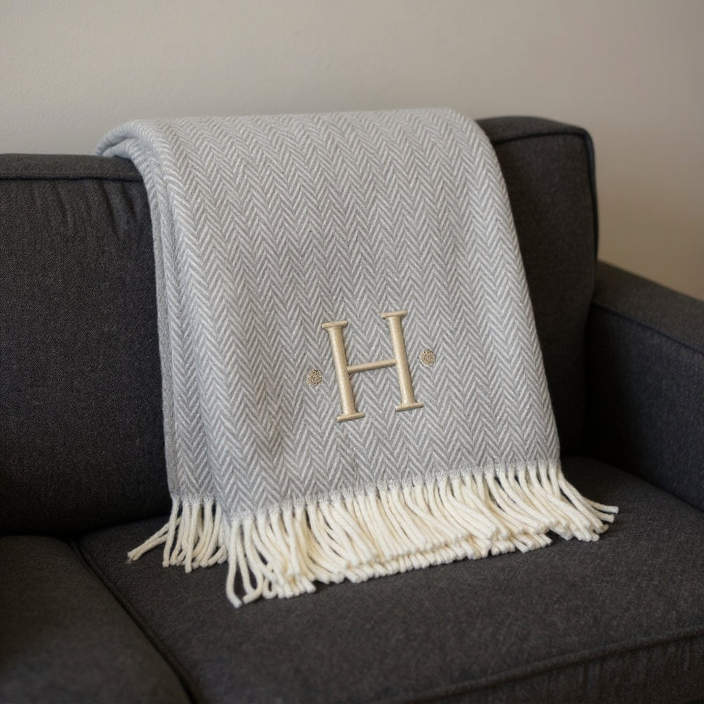 55" X 70" Gray And White Herringbone Cotton Blend H Initial Throw Blanket with Tassels And Embroidery-1