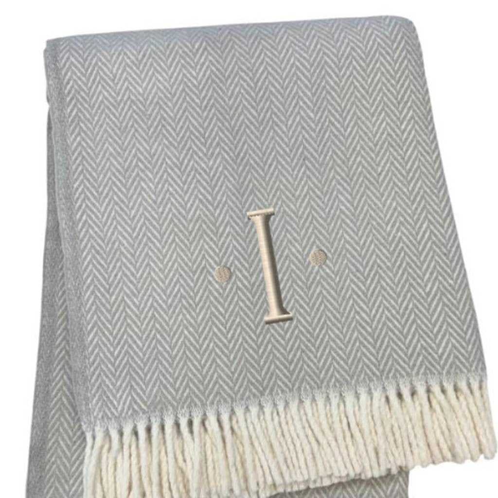 55" X 70" Gray And White Herringbone Cotton Blend I Throw Blanket with Tassels And Embroidery-4