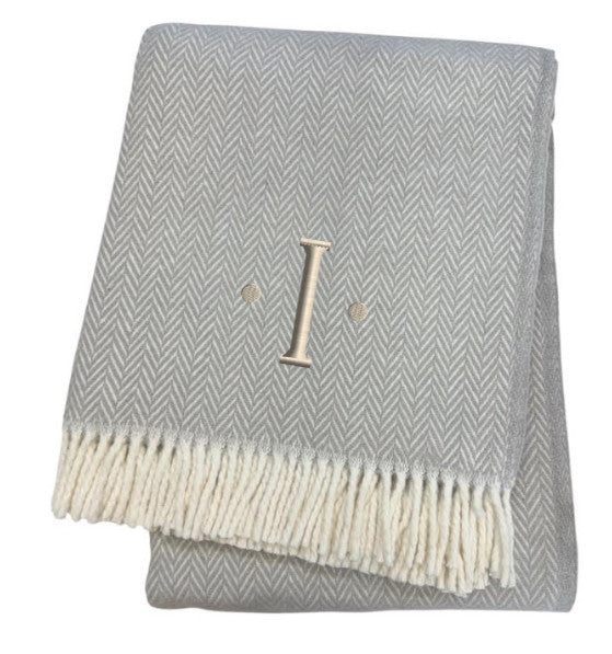 55" X 70" Gray And White Herringbone Cotton Blend I Throw Blanket with Tassels And Embroidery-3