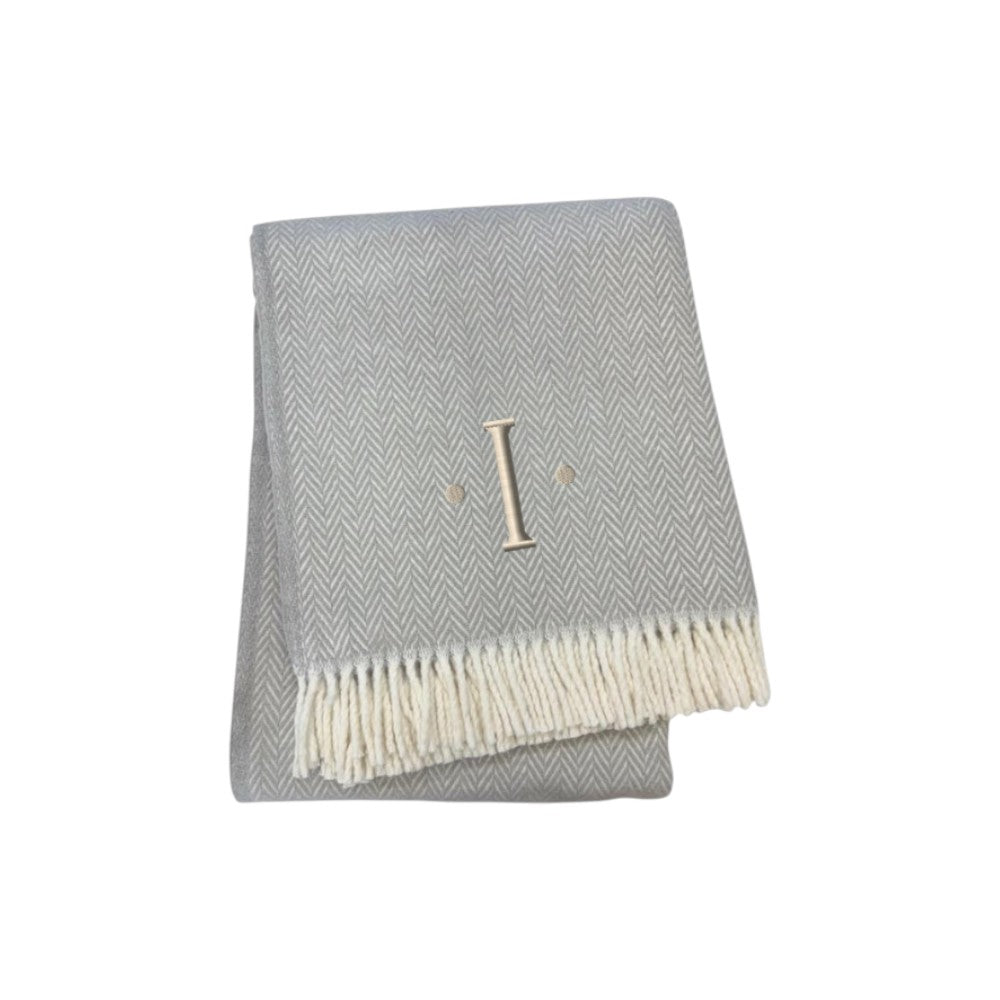 55" X 70" Gray And White Herringbone Cotton Blend I Throw Blanket with Tassels And Embroidery-0