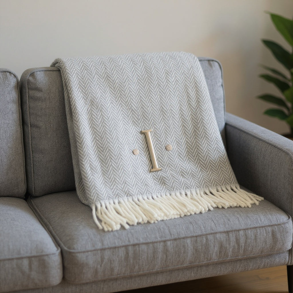 55" X 70" Gray And White Herringbone Cotton Blend I Throw Blanket with Tassels And Embroidery-1