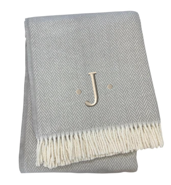 55" X 70" Gray And White Herringbone Cotton Blend J Throw Blanket with Tassels And Embroidery-2