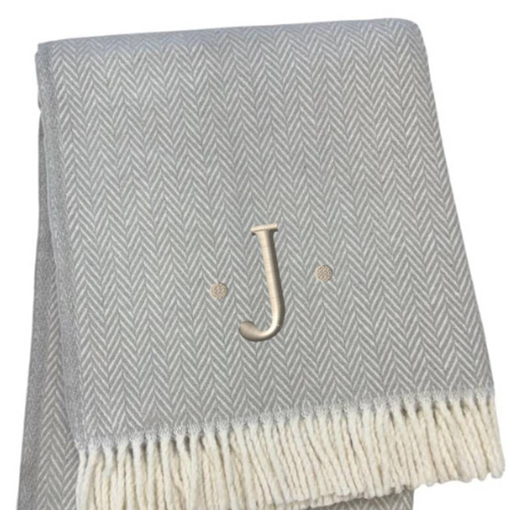 55" X 70" Gray And White Herringbone Cotton Blend J Throw Blanket with Tassels And Embroidery-4