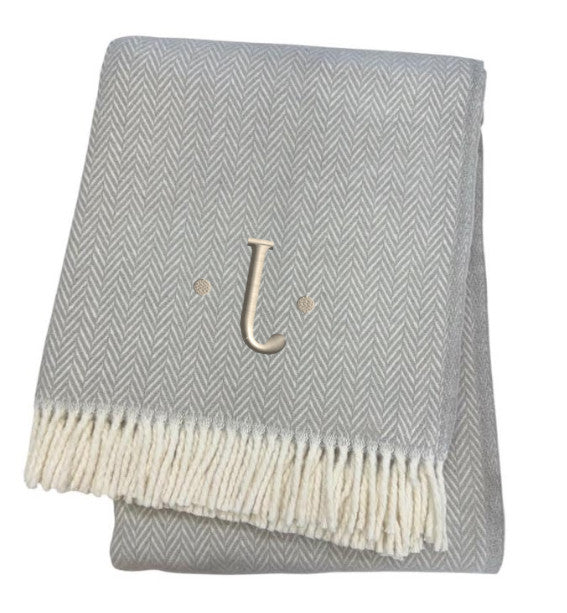 55" X 70" Gray And White Herringbone Cotton Blend J Throw Blanket with Tassels And Embroidery-3