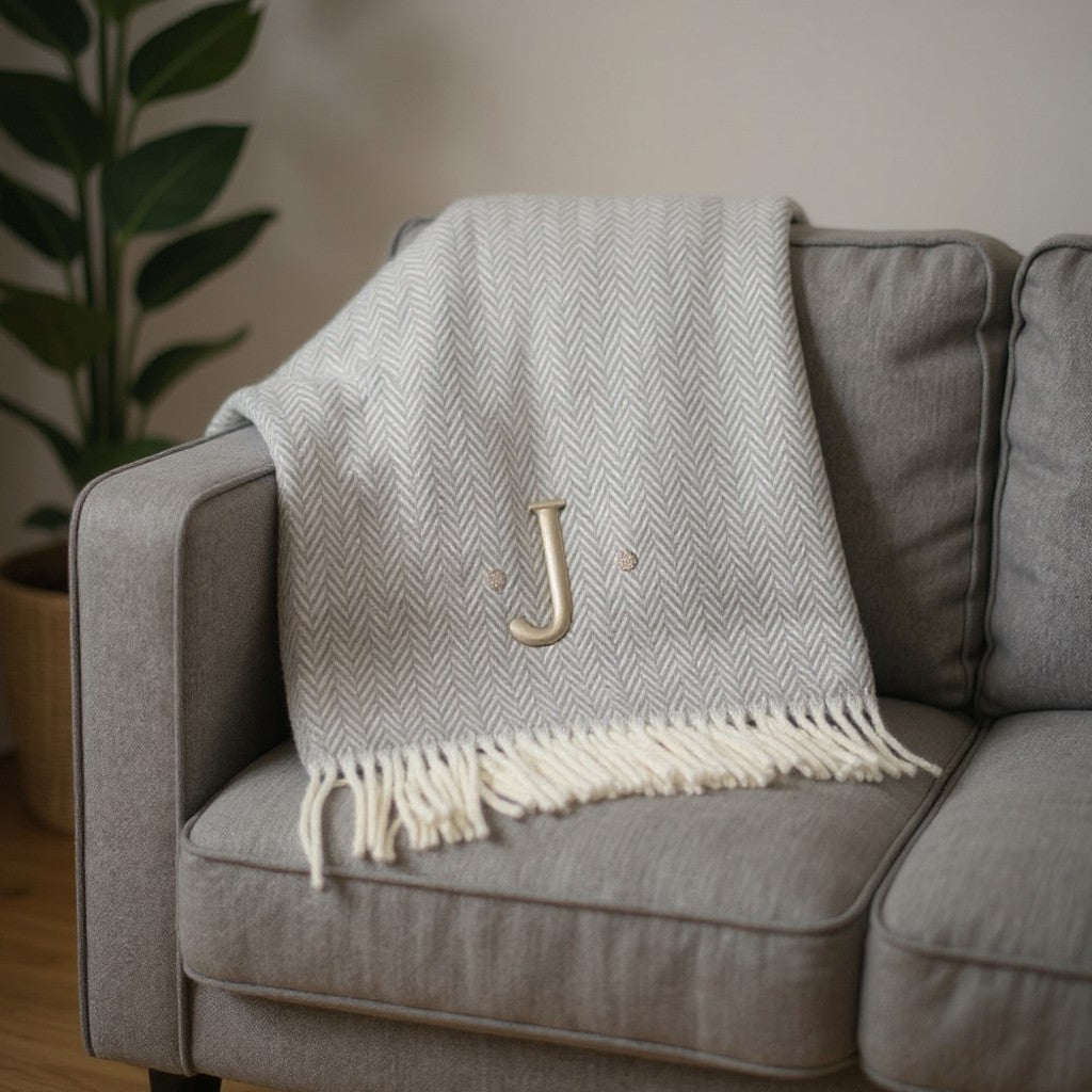 55" X 70" Gray And White Herringbone Cotton Blend J Throw Blanket with Tassels And Embroidery-1