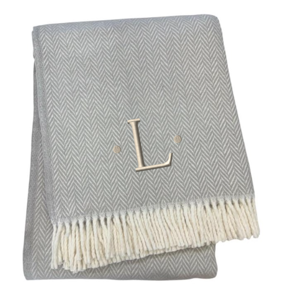 55" X 70" Gray And White Herringbone Cotton Blend L Initial Throw Blanket with Tassels And Embroidery-2