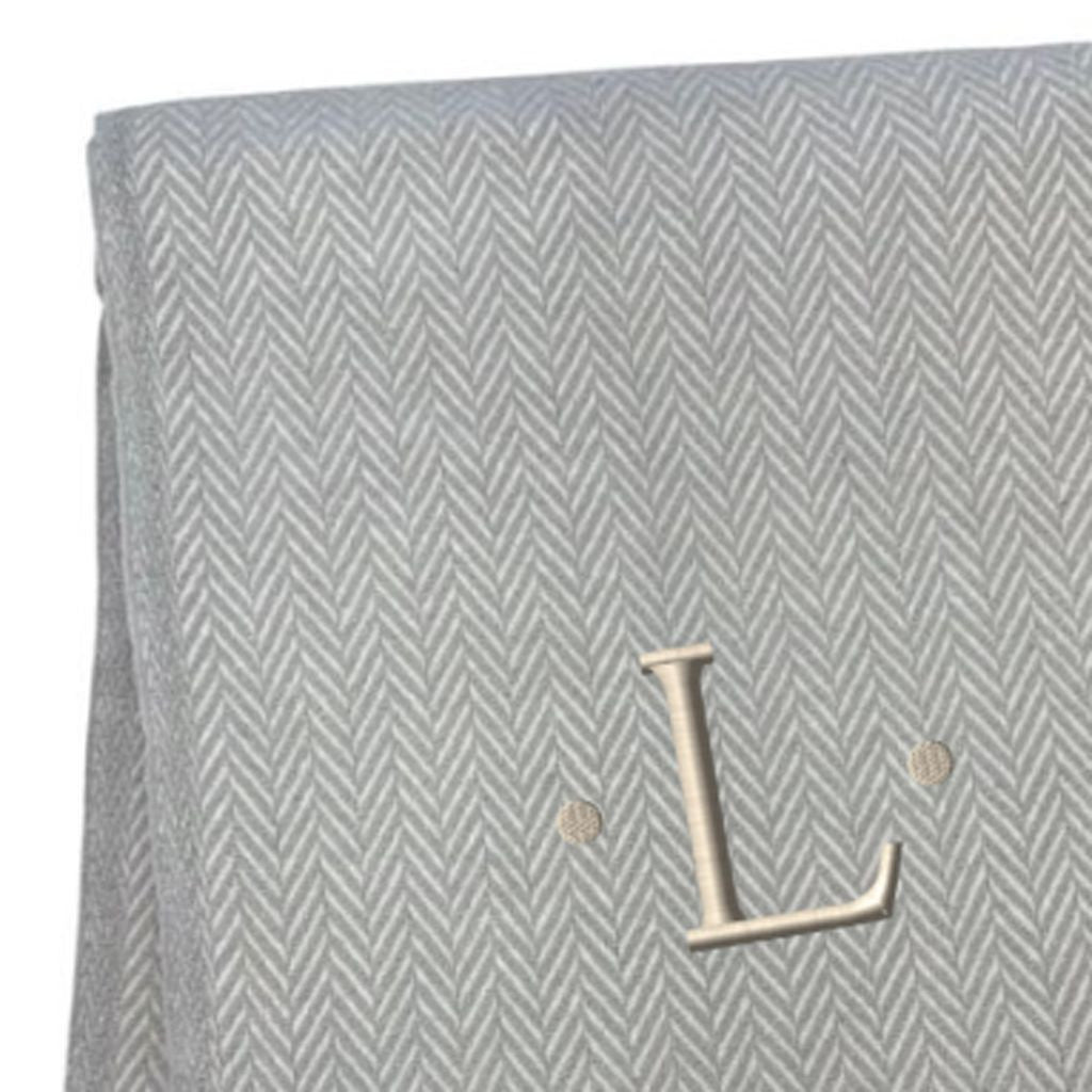 55" X 70" Gray And White Herringbone Cotton Blend L Initial Throw Blanket with Tassels And Embroidery-3