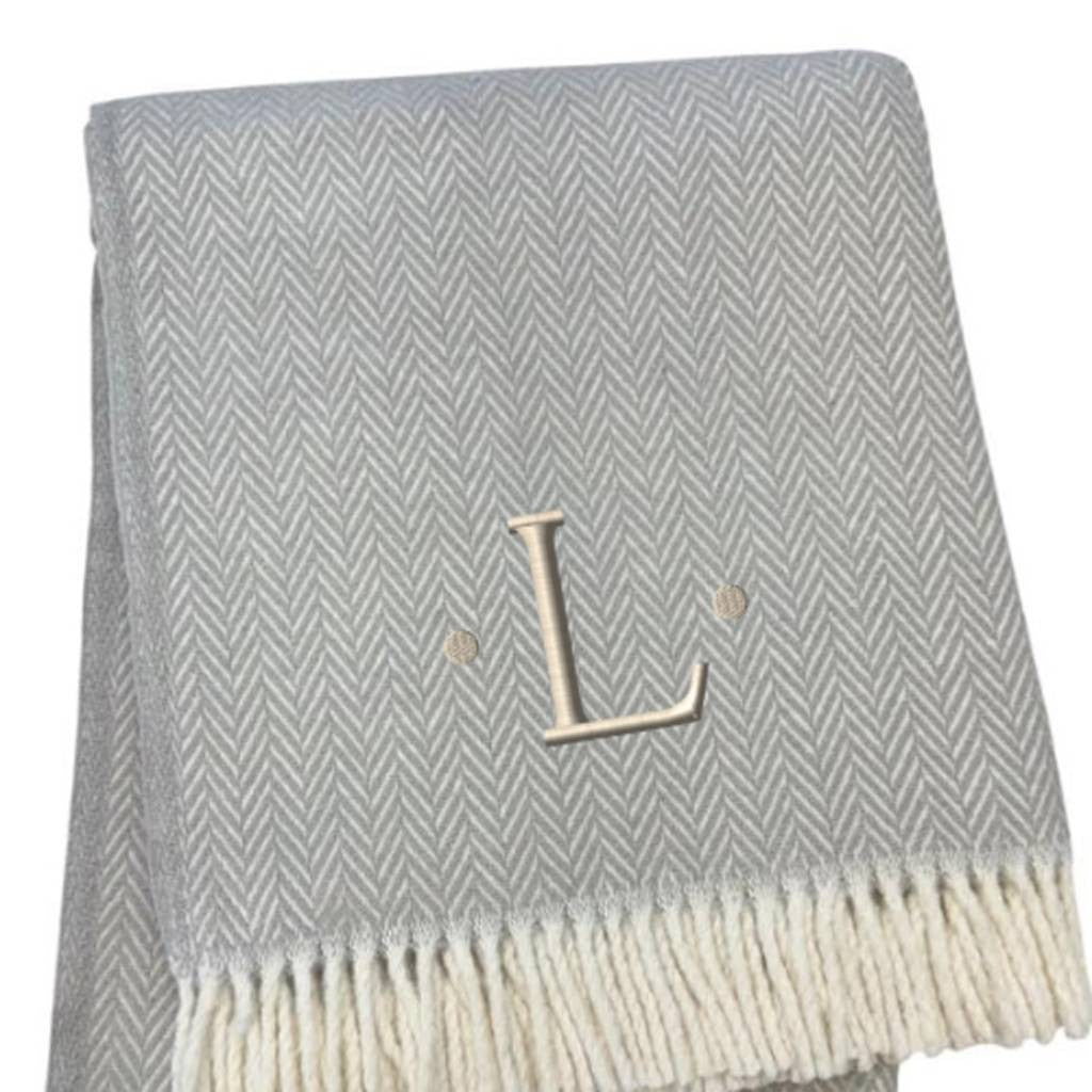 55" X 70" Gray And White Herringbone Cotton Blend L Initial Throw Blanket with Tassels And Embroidery-4