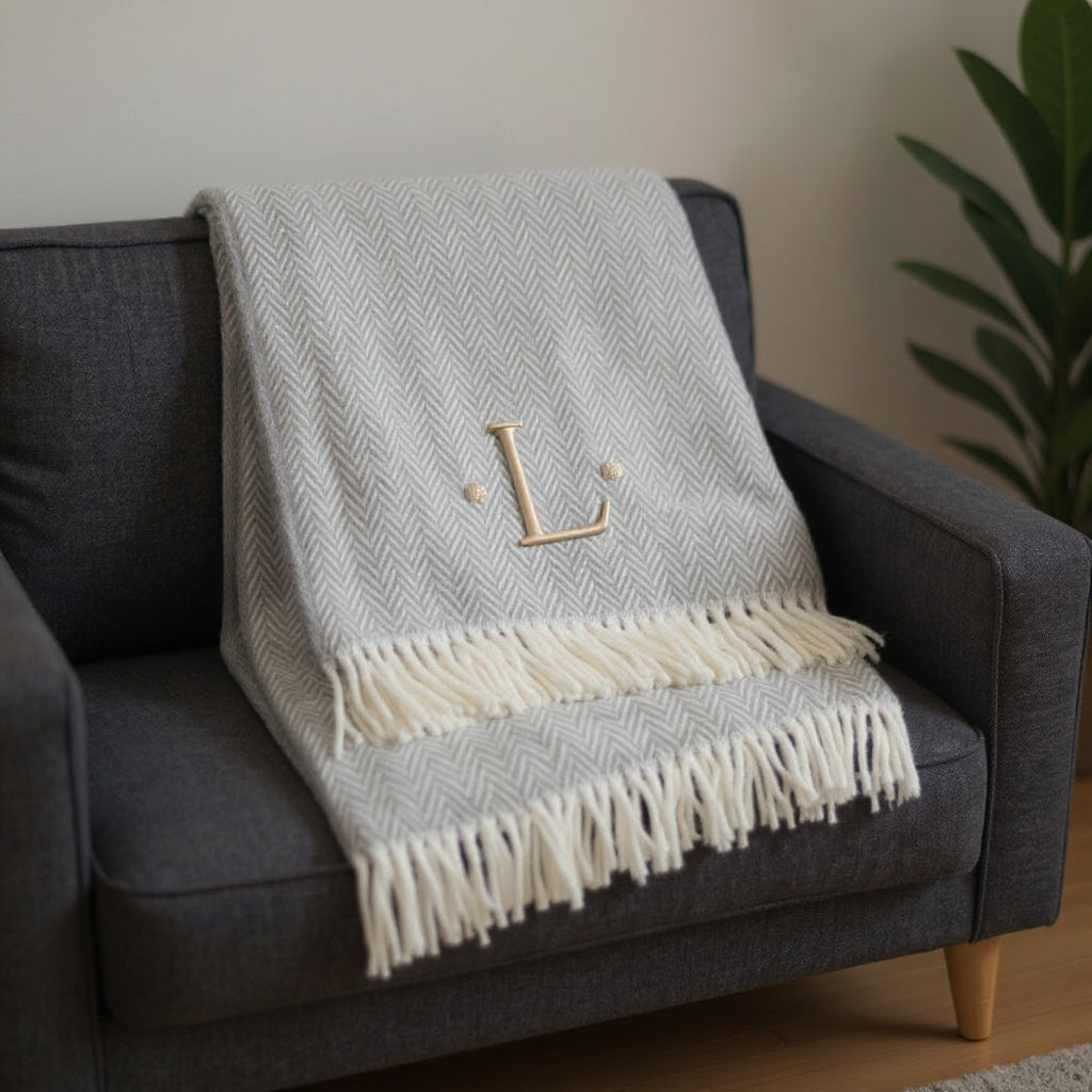 55" X 70" Gray And White Herringbone Cotton Blend L Initial Throw Blanket with Tassels And Embroidery-1