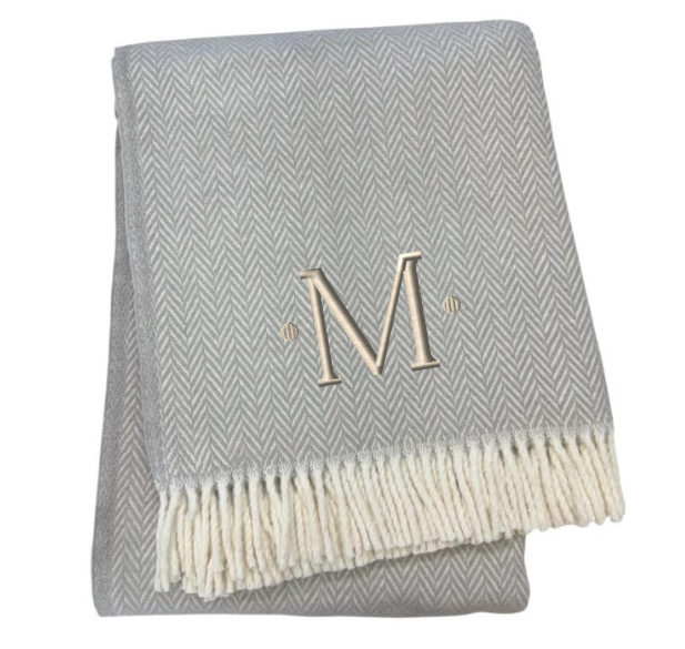 55" X 70" Gray And White Herringbone Cotton Blend M Initial Throw Blanket with Tassels And Embroidery-2
