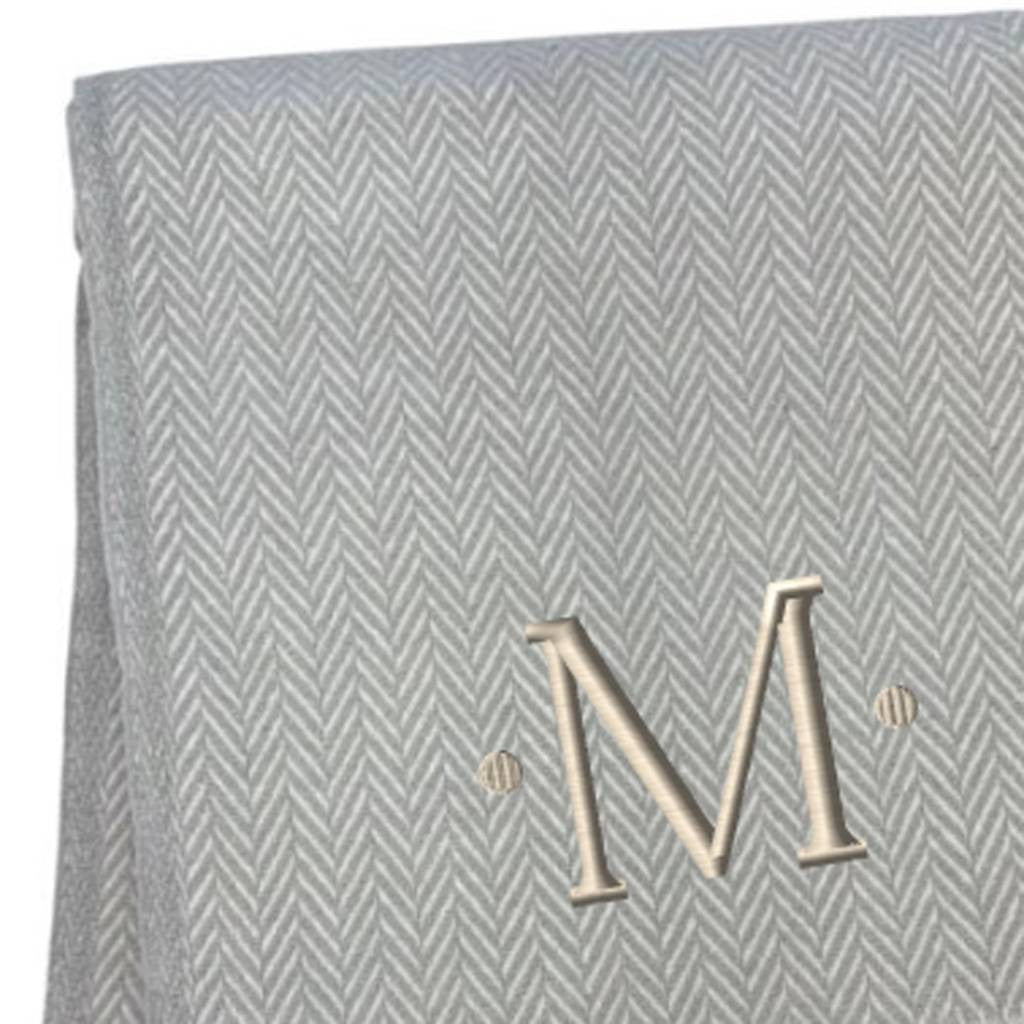55" X 70" Gray And White Herringbone Cotton Blend M Initial Throw Blanket with Tassels And Embroidery-4