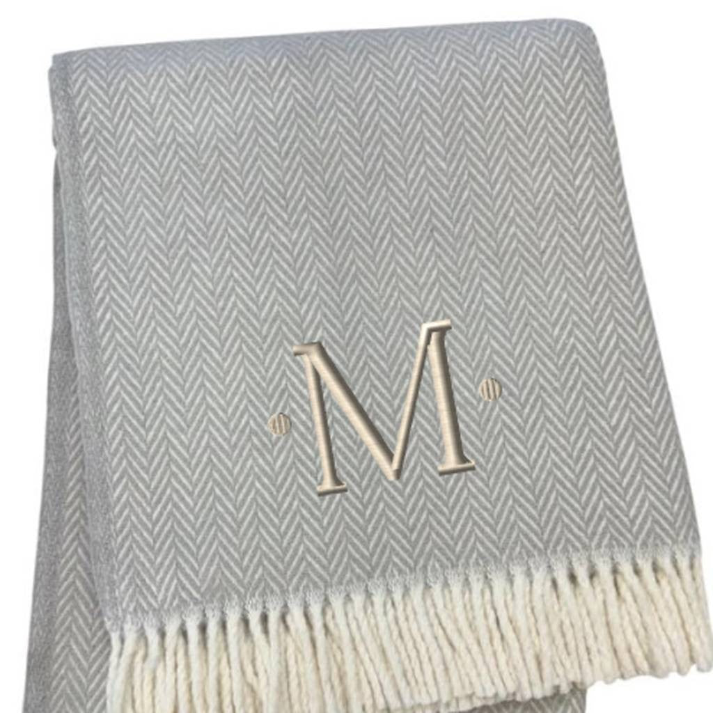 55" X 70" Gray And White Herringbone Cotton Blend M Initial Throw Blanket with Tassels And Embroidery-3