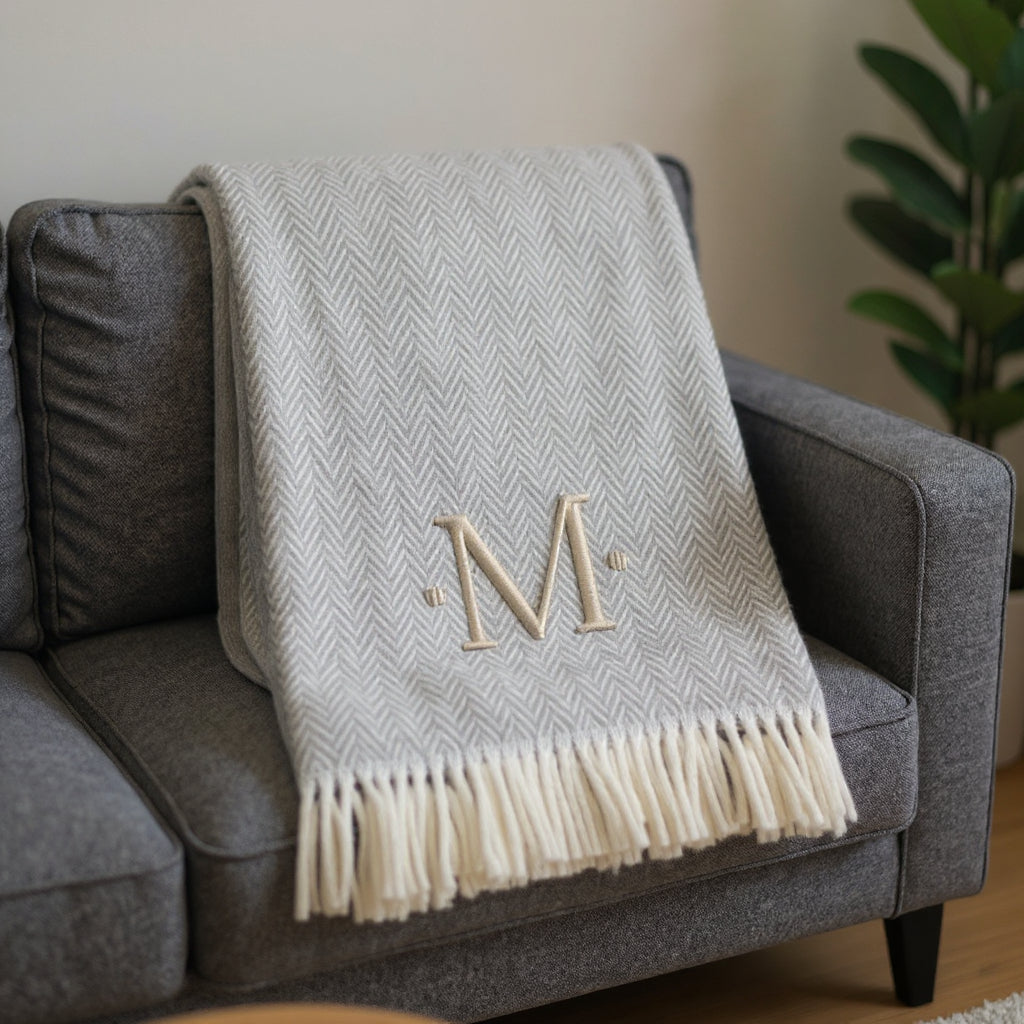 55" X 70" Gray And White Herringbone Cotton Blend M Initial Throw Blanket with Tassels And Embroidery-1