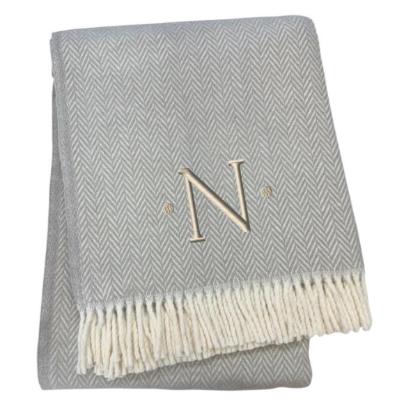 55" X 70" Gray And White Herringbone Cotton Blend Woven Throw Blanket with Tassels And Embroidery-3