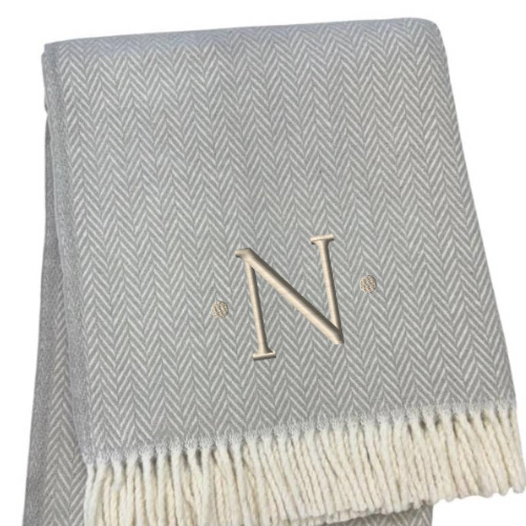55" X 70" Gray And White Herringbone Cotton Blend Woven Throw Blanket with Tassels And Embroidery-4
