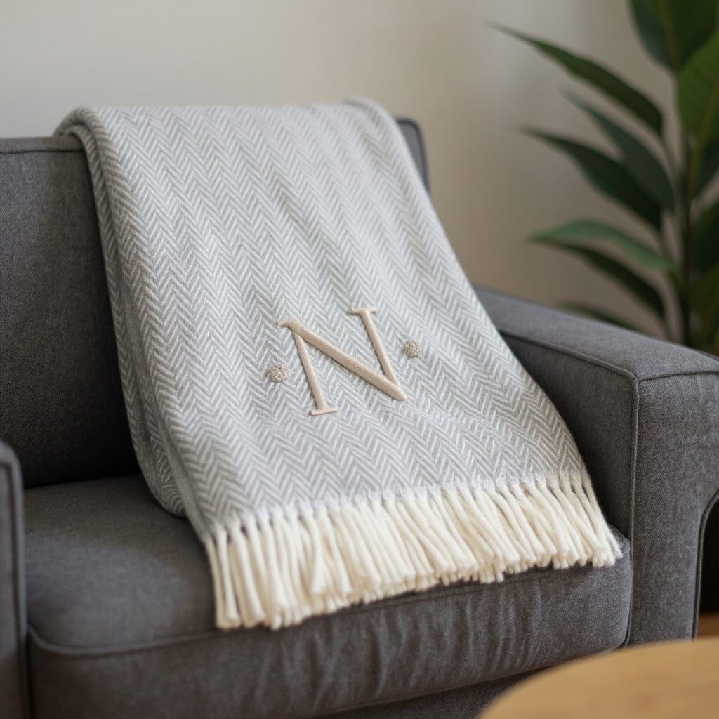 55" X 70" Gray And White Herringbone Cotton Blend Woven Throw Blanket with Tassels And Embroidery-1