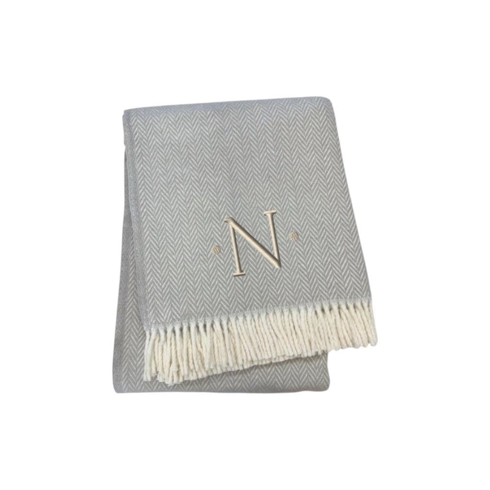 55" X 70" Gray And White Herringbone Cotton Blend Woven Throw Blanket with Tassels And Embroidery-0