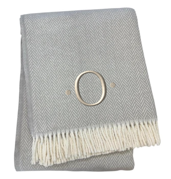 55" X 70" Gray And White Herringbone Cotton Blend O Initial Throw Blanket with Tassels And Embroidery-2