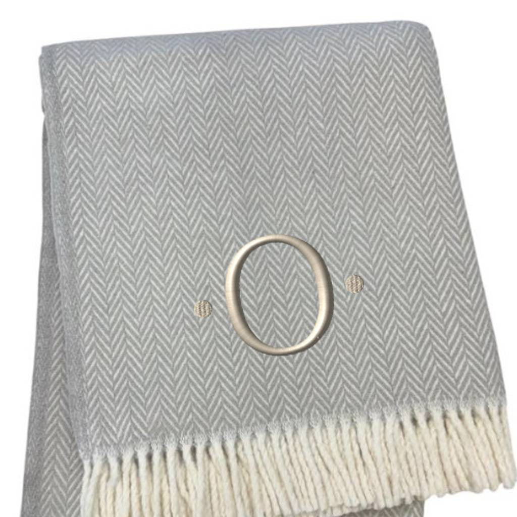 55" X 70" Gray And White Herringbone Cotton Blend O Initial Throw Blanket with Tassels And Embroidery-3