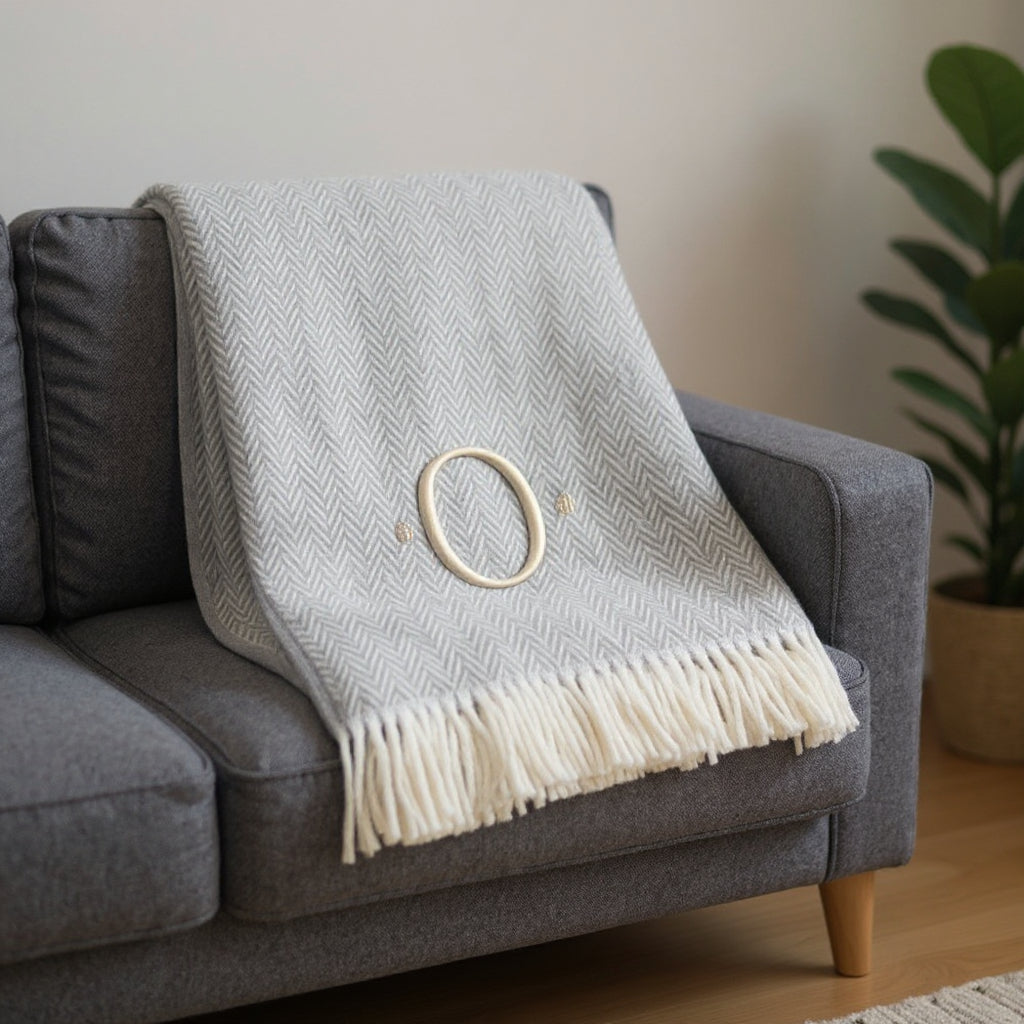 55" X 70" Gray And White Herringbone Cotton Blend O Initial Throw Blanket with Tassels And Embroidery-1