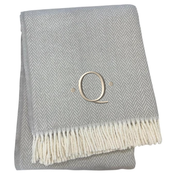55" X 70" Gray And White Herringbone Cotton Blend Q Initial Throw Blanket with Tassels And Embroidery-2