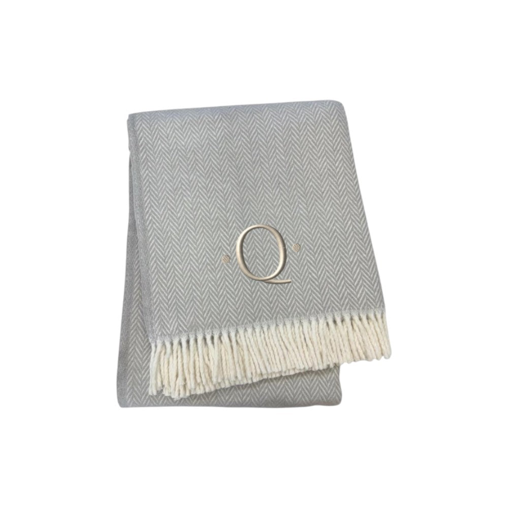 55" X 70" Gray And White Herringbone Cotton Blend Q Initial Throw Blanket with Tassels And Embroidery-0